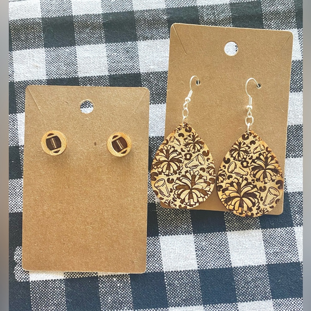 Football laser engraved wood earring studs.